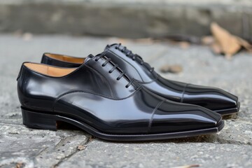 Classic men's black dress shoes made of polished leather sit on a stone surface, showcasing timeless style and sophistication