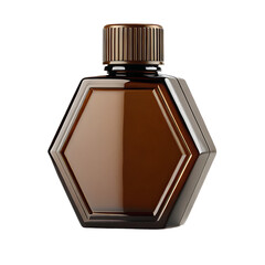 Hexagonal brown glass bottle with ribbed metallic cap isolated on transparent background
