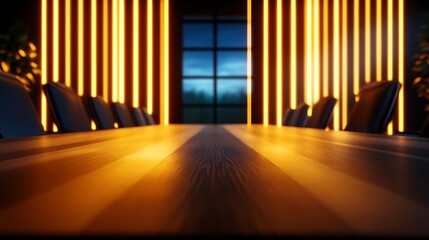 Modern conference room with dramatic lighting and wooden table.