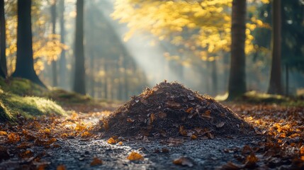 Obraz premium Autumn Leaves Pile on Pathway in Serene Forest Scene