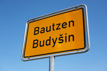 Ortsschild der Stadt Bautzen, Lausitz, Sachsen, Deutschland