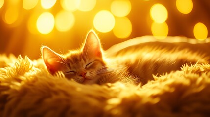 A sleeping cat surrounded by warm, glowing lights.