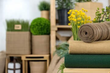 Rolled linen fabric in various colors with greenery in cozy setting