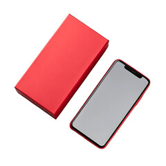 Modern red smartphone with a blank screen next to its open red packaging box isolated on transparent background