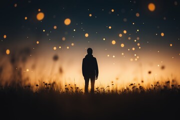 Silhouette of person standing in field at sunset, glowing lights background, nature, evening