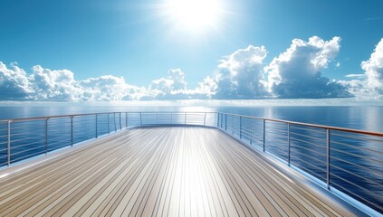 A bright sunny day on a yacht deck overlooking calm ocean waters and a sky filled with fluffy white clouds.