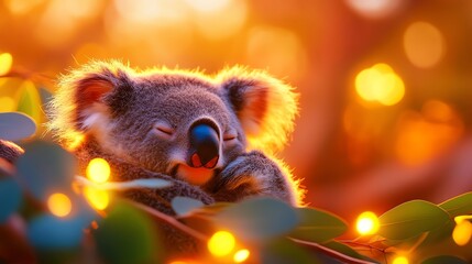Sleepy koala amidst twinkling lights in a colorful setting.