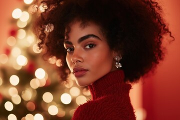 Woman with curly hair in red sweater, Christmas background, soft bokeh lights