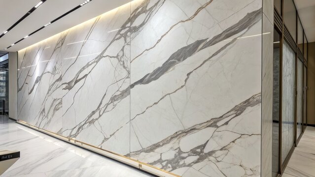 Large Format Marble-look Porcelain Tiles Displaying Bold Veining in a Bright Showroom Interior, Modern Design, Luxury Surface, Contemporary