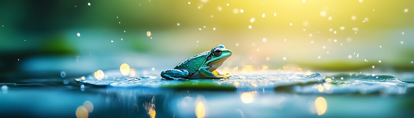 A frog sits on a water surface with droplets glistening around it.