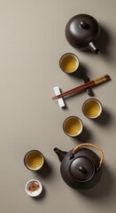 Asian still-life flat lay of traditional tea with soft matte background, negative space for text