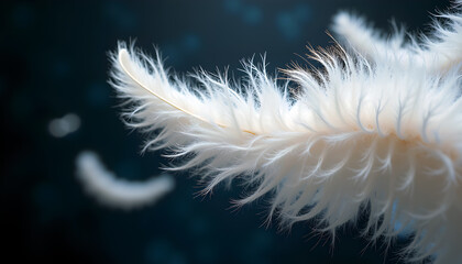 Obraz premium Soft Feather in the Wind: A delicate feather floats gracefully, its pristine white against a blurred, deep background. It invokes sense of weightlessness and freedom. 