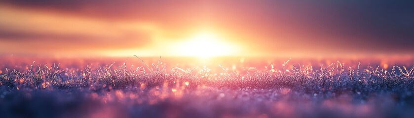 Sunrise over a dewy landscape with vibrant colors and soft focus.