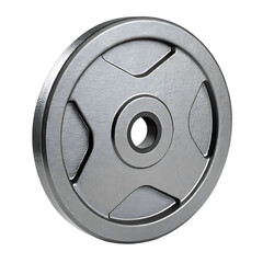 Single silver metal weight plate with textured surface and grip cutouts isolated on transparent background