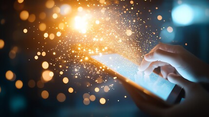 Fingers interacting with a glowing tablet amidst sparkling light effects.