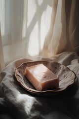 Handcrafted soap bar on decorative plate, natural light, textile setting