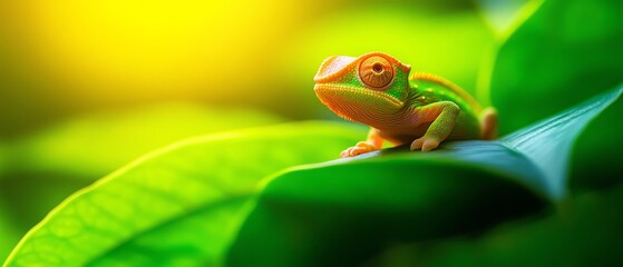 Lizard perched on a vibrant green leaf in soft sunlight.