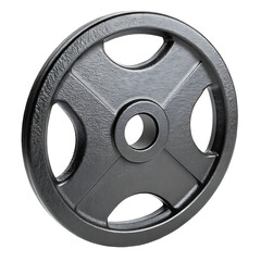 Single black metal weightlifting plate with four grip holes isolated on transparent background