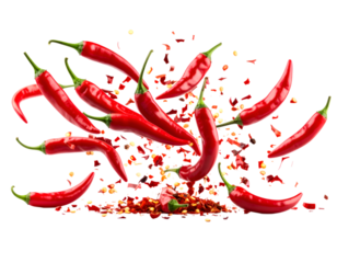 Chili Peppers Explosion: Red chili peppers and flakes suspended in mid-air, creating a vibrant and dynamic composition.