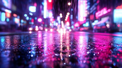 Vibrant city lights reflected on a rainy street at night.