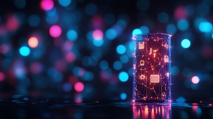 Illuminated abstract structure against a colorful bokeh background.