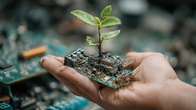 Rebirth and Harmony: A hand tenderly cradles a circuit board from which a seedling sprouts, embodying the symbiosis of nature and technology in an environment of harmony.
