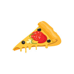 pizza with cheese, slice of pizza, The image depicts a slice of pizza with various toppings, including cheese, tomatoes, olives, and peppers. The pizza is illustrated in a cartoon style,
