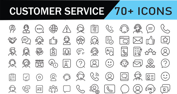 Customer Support & Service Line Icons – 70+ Clean Vector Symbols for Helpdesk, Call Center, and User Assistance Tools - Powered by Adobe