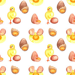 Cute watercolor chicks and cracked eggs seamless pattern – perfect for baby prints, Easter, and farm-themed designs...