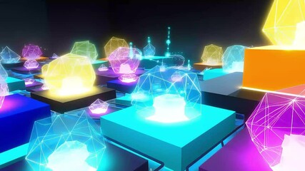 Abstract digital art featuring glowing geometric shapes and platforms in vibrant colors against a dark background. - Powered by Adobe