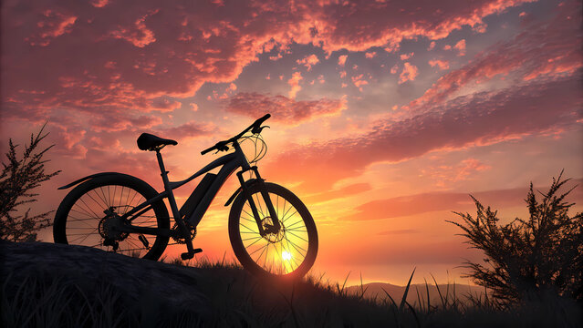 Electric mountain bike silhouette at sunset for outdoor adventure and cycling enthusiasts photography