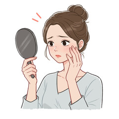 Young Woman Examines Her Face in Mirror Concerned About Skin Condition and Texture Showing Redness and Unevenness on Her Cheeks with Her Hand Touching Her Skin Gently to Assess the Problem
