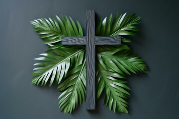 Wooden cross adorned with vibrant green tropical leaves, creating a symbolic representation of palm sunday against a dark background