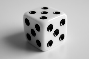 Close-up of a Single White Dice with Black Dots on a Light Background