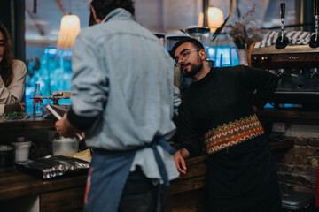 Two individuals enjoy a conversation at a cozy cafe, creating a warm atmosphere.