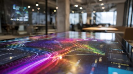 Indoor workspace featuring vibrant colors and a closeup view of an innovative application interface. Perfect for highlighting the seamless integration of technology in business presentations.