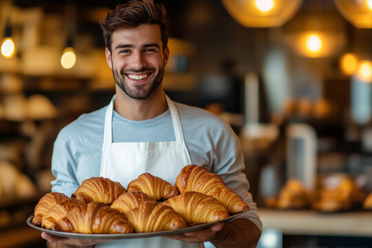 A smiling baker in a white apron holding a tray of freshly baked croissants