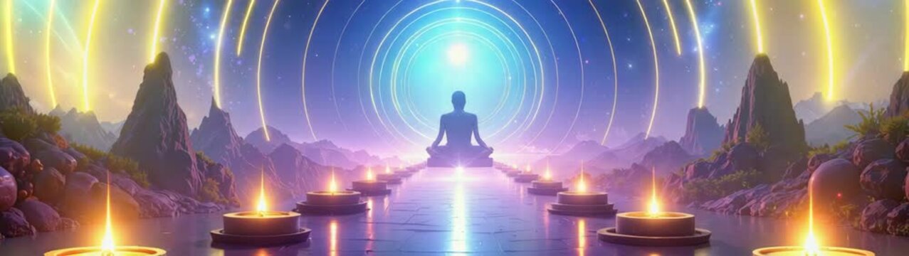 Silhouette of person meditating in lotus position in a surreal landscape with candles.