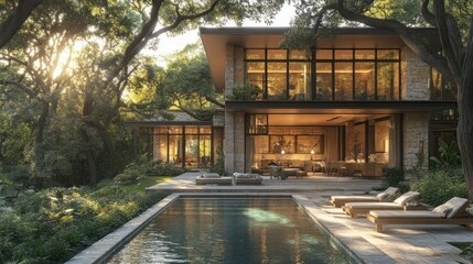 Fototapeta premium Modern home with pool, nestled in trees