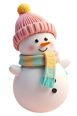 Cute happy smiling winter snowman wears pink hat and colorful scarf