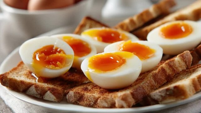 Soft-Boiled Eggs with Toast: Savor the delight of perfectly cooked soft-boiled eggs, their golden yolks glistening atop lightly toasted bread slices, a simple yet satisfying breakfast scene.