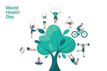 World Health Day Highlighting Active People, Healthy Habits, Inspirational Wellness Quotes, and Vector Elements Promoting Physical Fitness and Balanced Lifestyle Choices