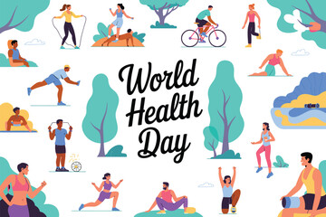 Fototapeta premium World Health Day Showing People Jogging, Biking, and Practicing Wellness with Motivational Quotes About Health, Fitness, and Mental Wellbeing