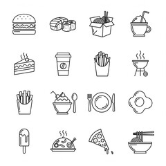 Delightful Food Icons: A collection of illustrated food icons, perfect for culinary-themed projects. From burgers to sushi, coffee to ice cream, these graphics showcase the diverse world of food.