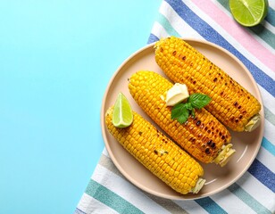 Grilled corn on the cob with butter and lime on a colorful summer napkin.