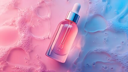 floating serum bottle on pastel pink and blue background. minimal aesthetic skincare product mockup 