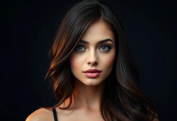 Fototapeta premium Stunning brunette hairstyle, dark background, fashion portrait, mysterious, style