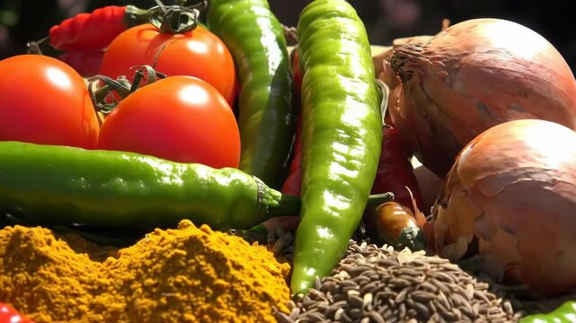 Fresh vegetables and spices close up ready for healthy cooking.