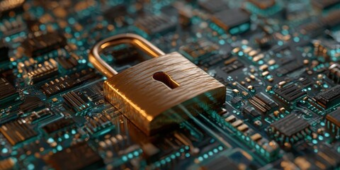 Cybersecurity Technology with Digital Padlock and Circuit Board Background