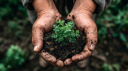 Hands holding small plant with rich soil